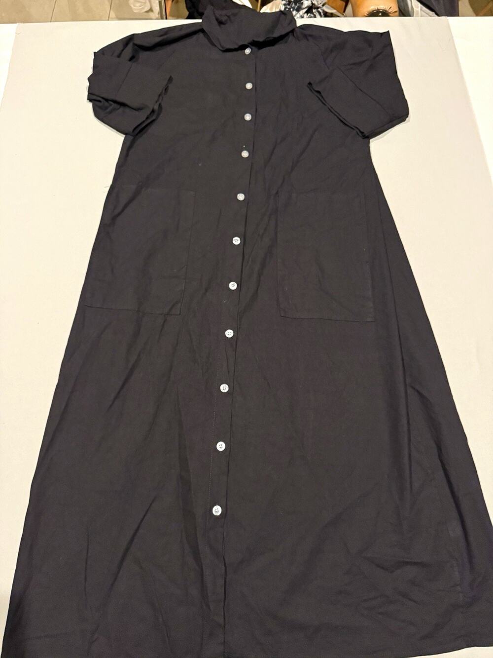 Black Solid Button-Front Collared Maxi Shirt Dress Pockets 3/4 Sleeve L